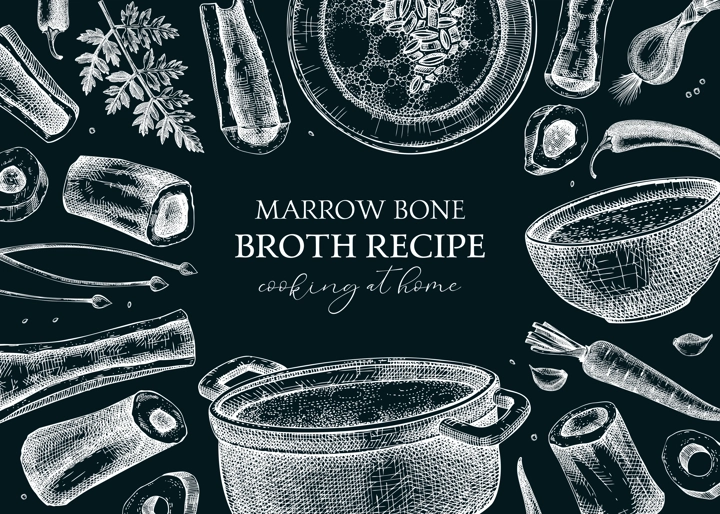 Healthy food background. Marrow bone broth frame. Hot soup served on plates, pans, bowls, vegetables, marrow bones sketches. Engraved vector food illustrations isolated on chalkboard